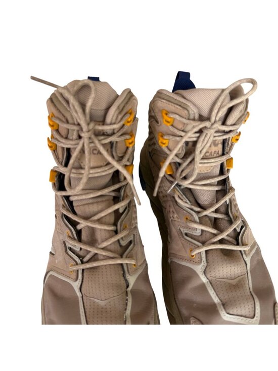 Hoka One One Tan Trail Boots with Yellow Eyelets and Blue Toe Caps main image 4